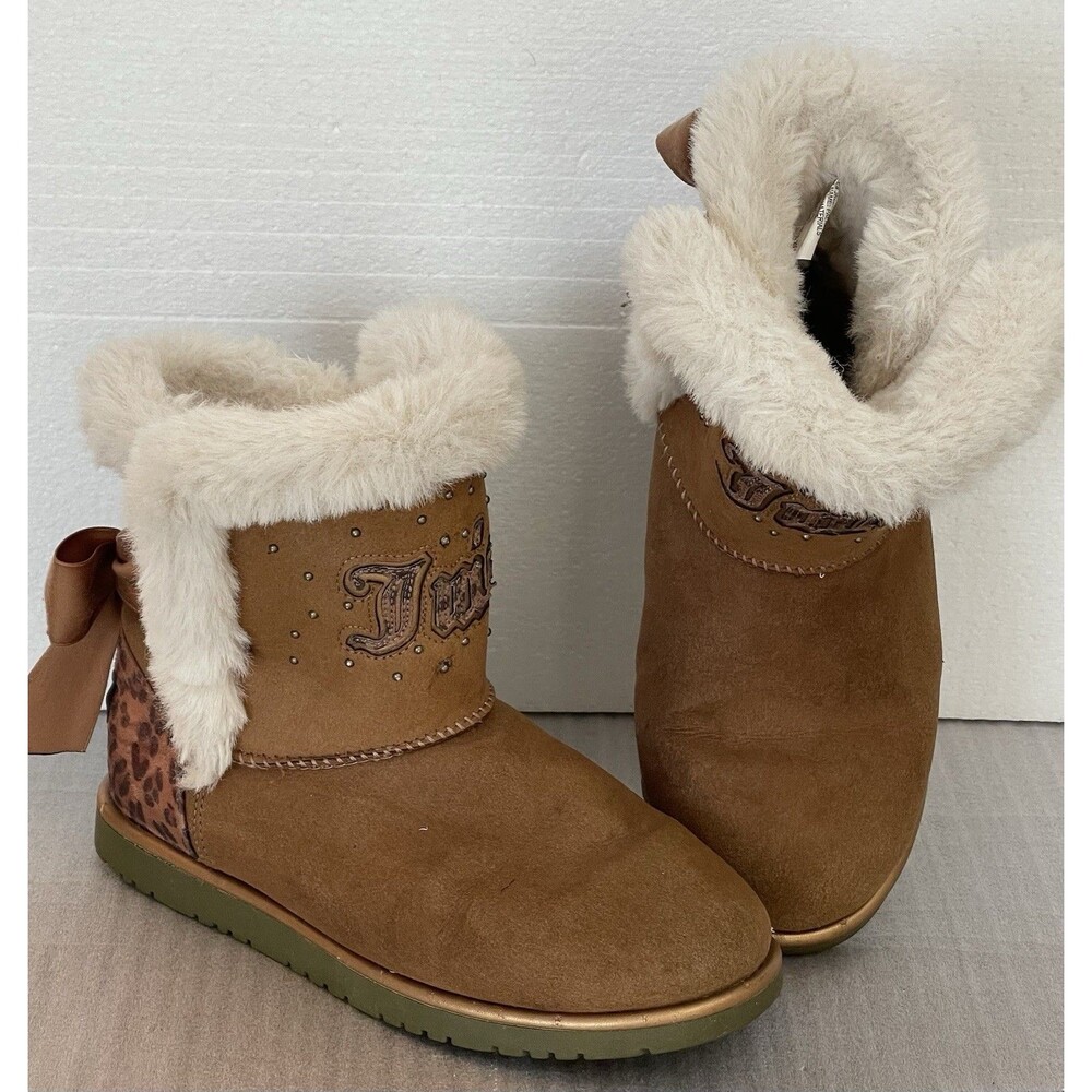 Juicy Couture Palisades Brown Faux Suede Leopard Winter Boots 5M Rhinestone Logo